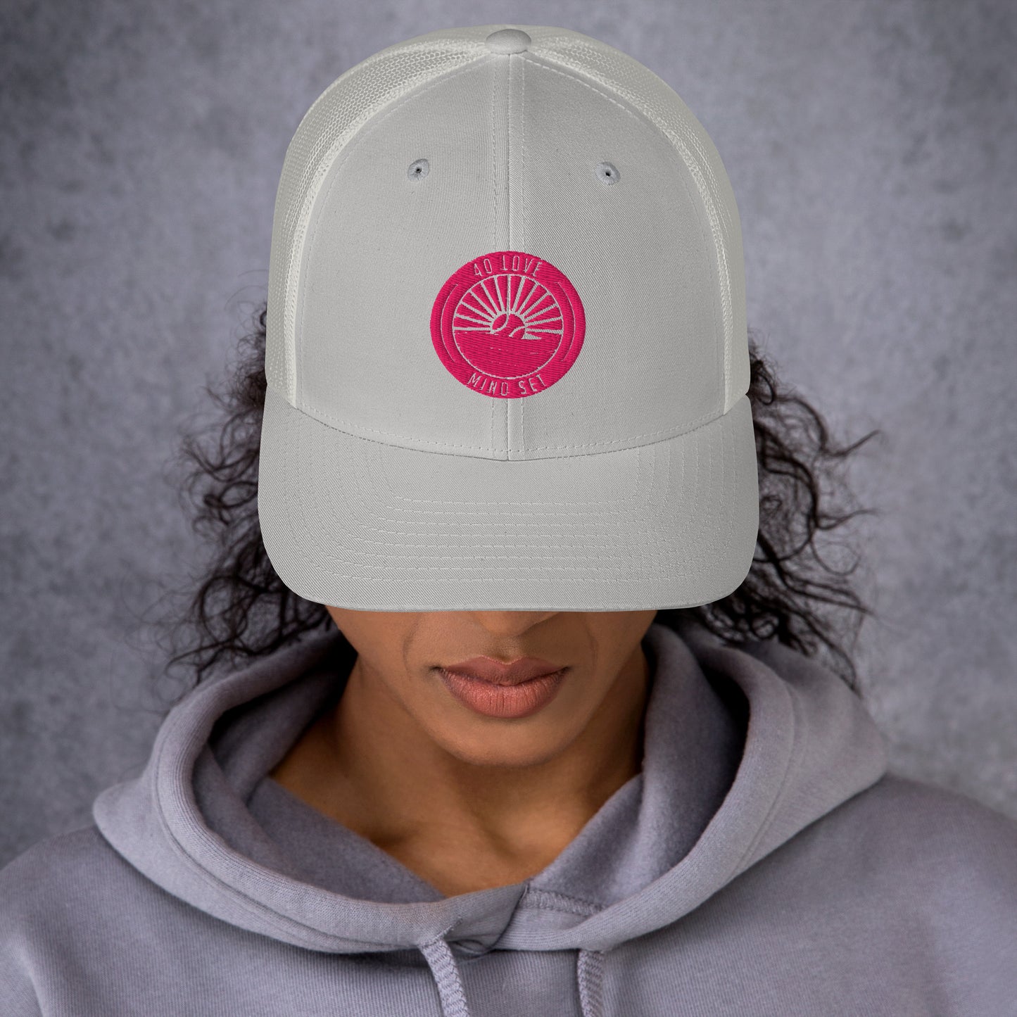 Grey Trucker Hat x Pink Logo