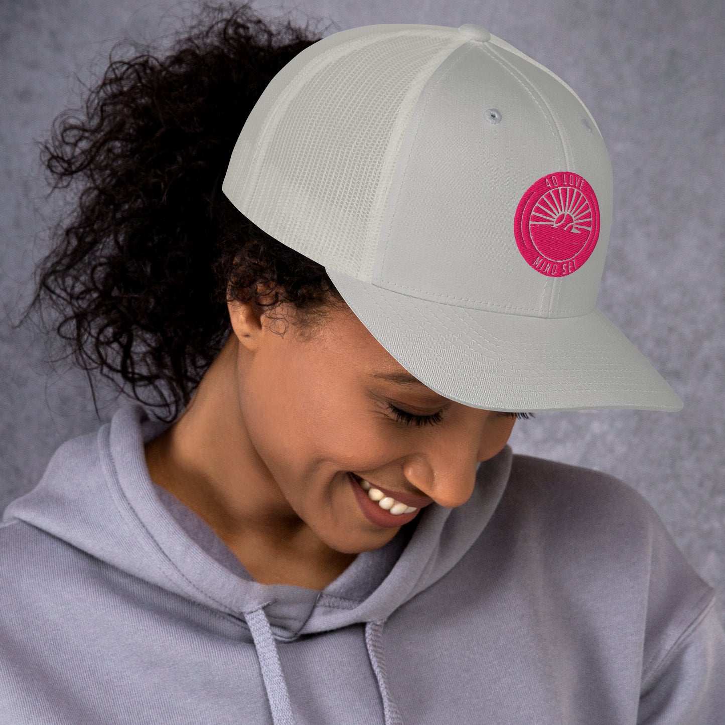 Grey Trucker Hat x Pink Logo